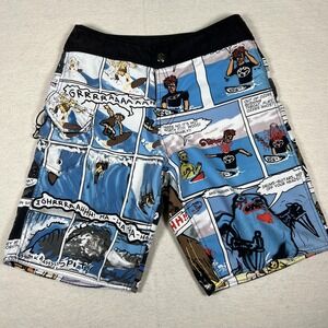 Volcom‎ Board Shorts Mens 30 Blue Comic Graphic Swim Trunks Surf Skate Poly